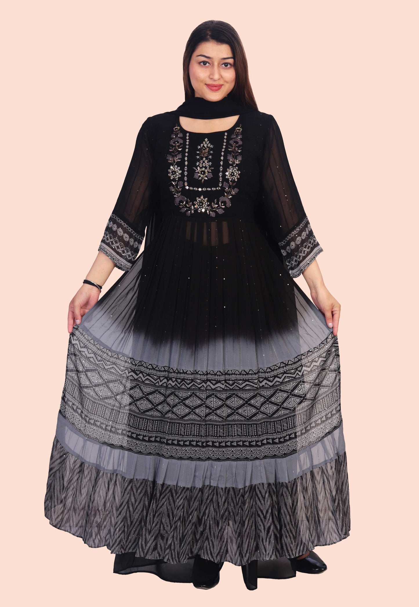 Hand Embroidered Georgette Palazzo Suit Set in Black