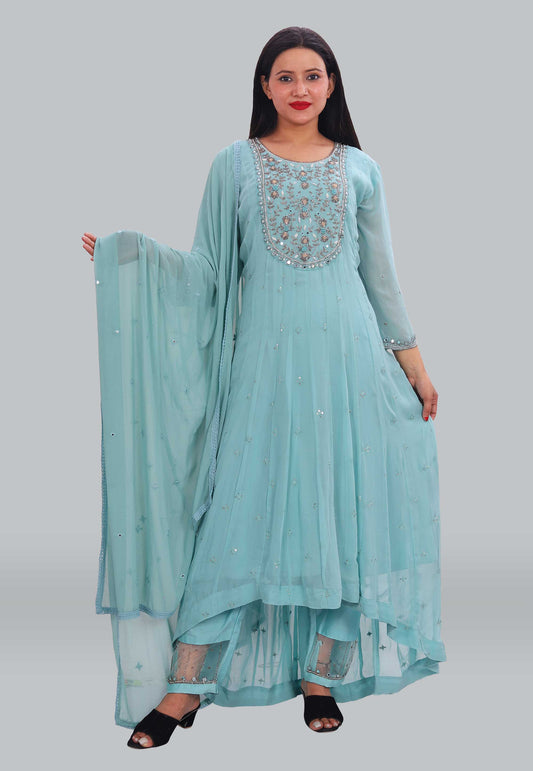 Hand Embroidered High Low Style Georgette Anarkali Suit Set in Sky Blue