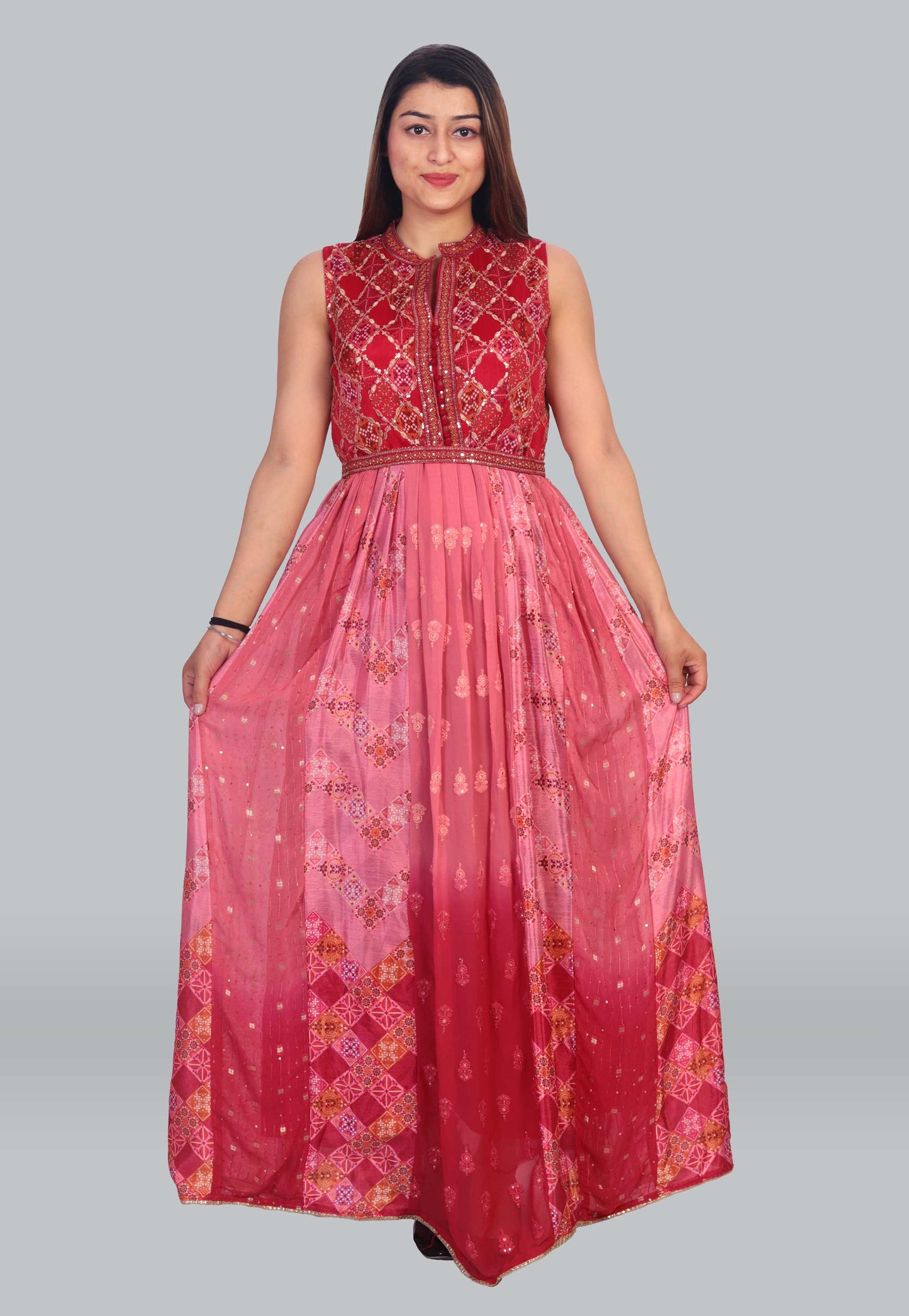 Embroidered Chiffon Flared Gown in Pink