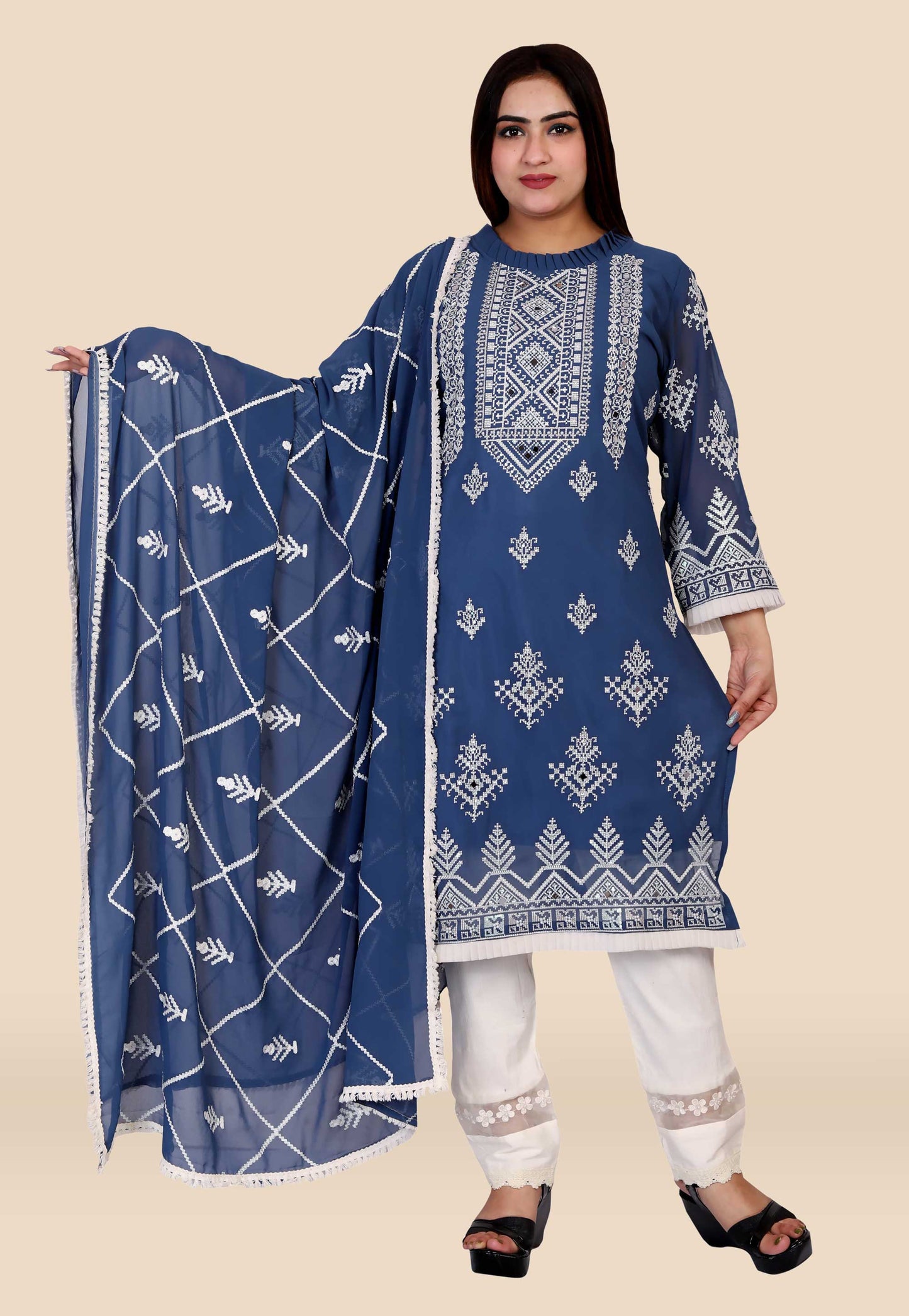 Embroidered Georgette Suit in Midnight Blue