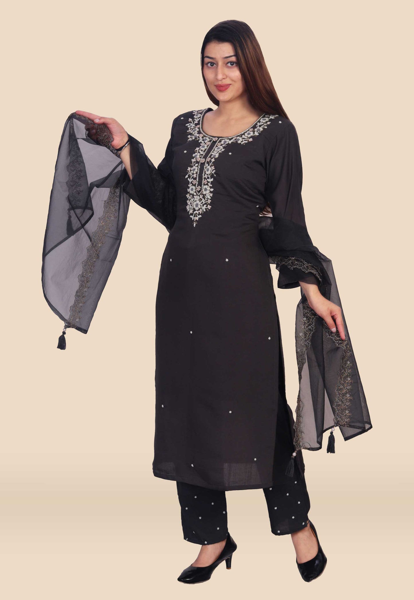 Hand Embroidered Cotton Silk Suit Set in Grey