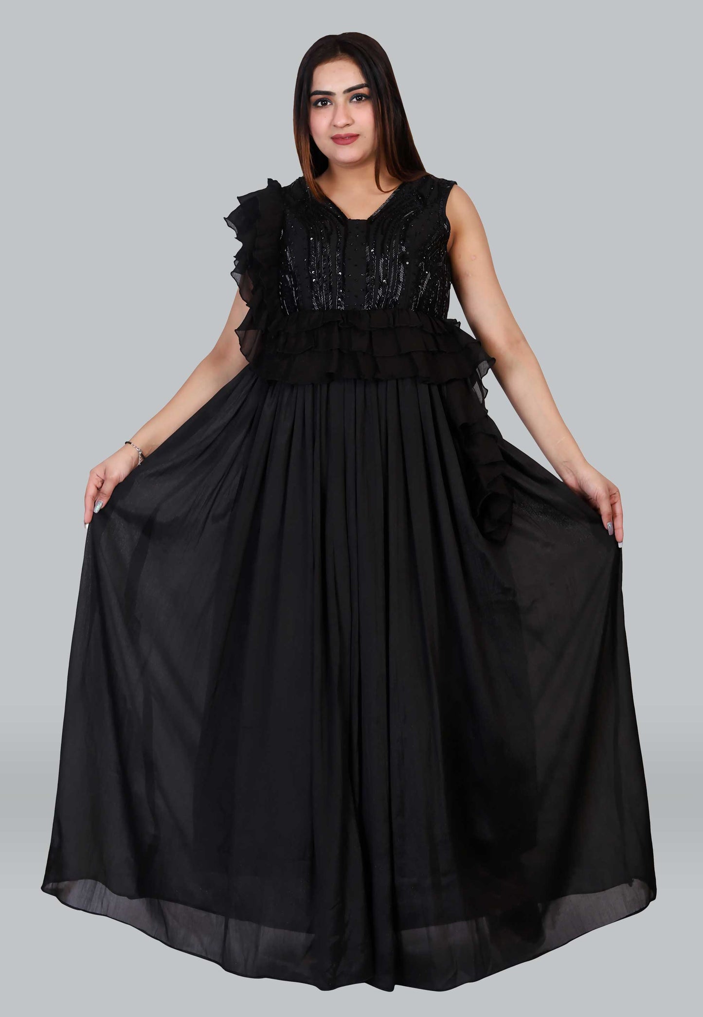 Hand Embroidered Flared Chiffon Gown in Black