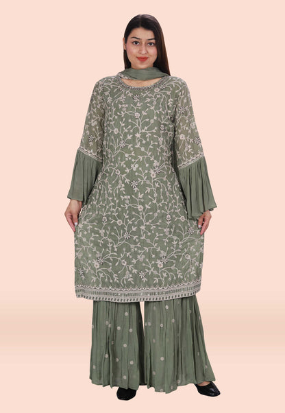 Embroidered Chinon Chiffon Sharara Suit in Green