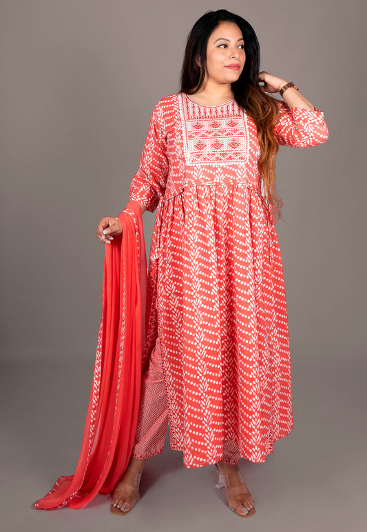 Embroidered Cotton Suit Set in Peach