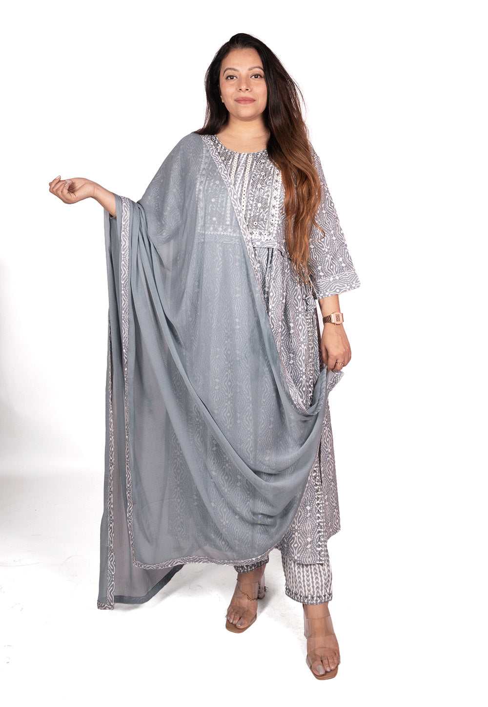 Embroidered Cotton Nayra Cut Suit Set in Grey