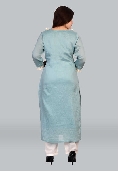 Embroidered Cotton Kurta Set in Sky Blue