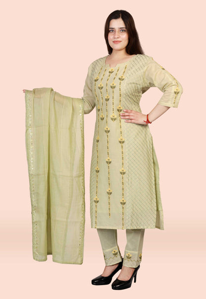 Embroidered Cotton Suit Set in Light Green