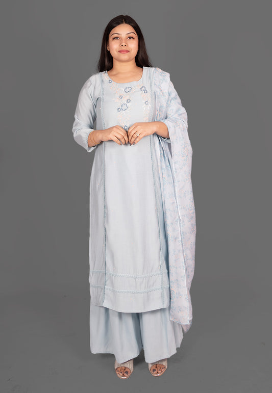 Hand Embroidered Muslin Suit Set with Printed Dupatta in Sky Blue