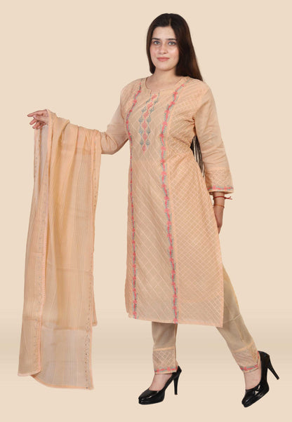 Embroidered Cotton Suit Set in Peach