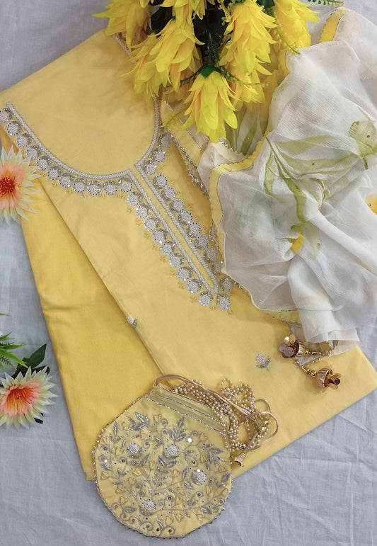 Unstitched Light Yellow Cotton Embroidered Suit