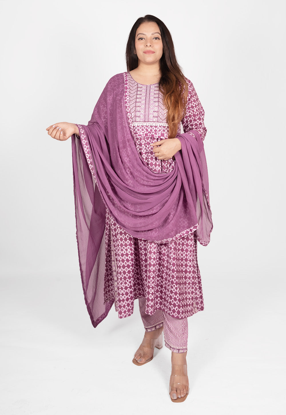 Embroidered Cotton Suit Set in Purple