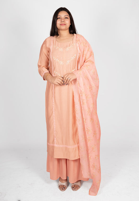 Hand Embroidered Muslin Sharara Suit Set With Printed Dupatta in Peach