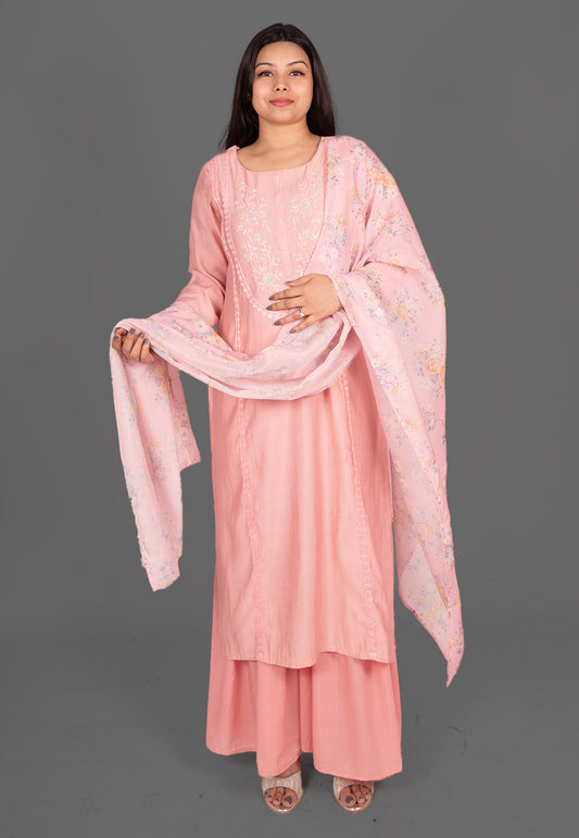 Hand Embroidered Muslin Sharara Suit Set with Printed Dupatta in Pink