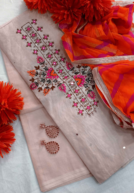 Unstitched Peach Chanderi Cotton Embroidered Suit