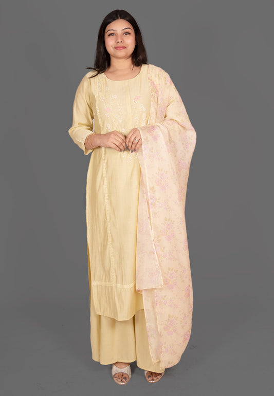 Hand Embroidered Muslin Sharara Suit Set with Printed Dupatta in Light Yellow