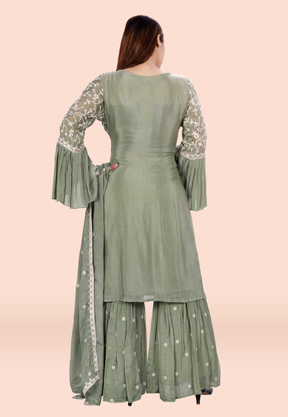 Embroidered Chinon Chiffon Sharara Suit in Green