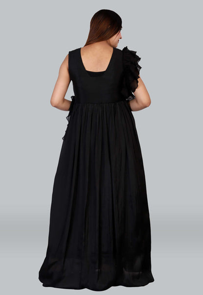Hand Embroidered Flared Chiffon Gown in Black