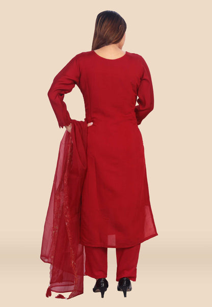 Hand Embroidered Cotton Silk Suit Set in Red