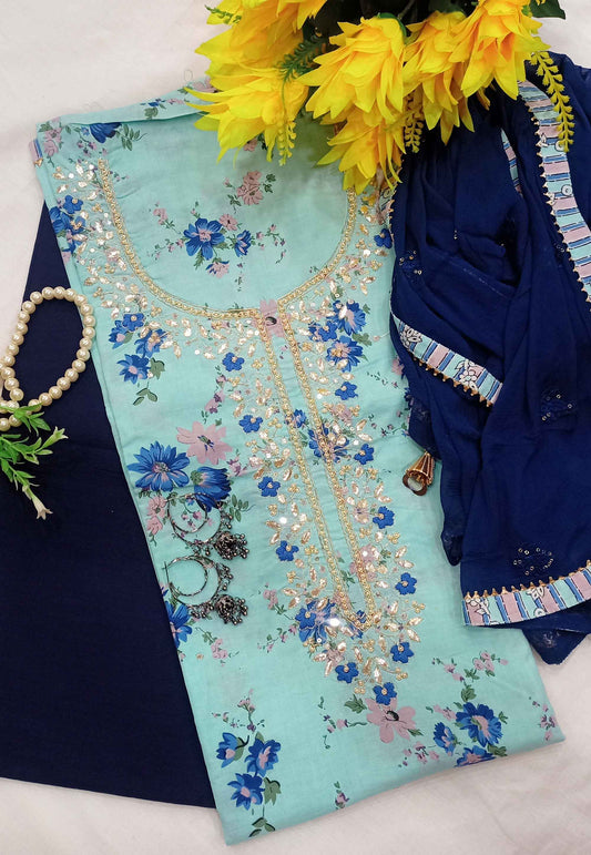Unstitched Turquoish Cotton Embroidered Suit with Floral Print