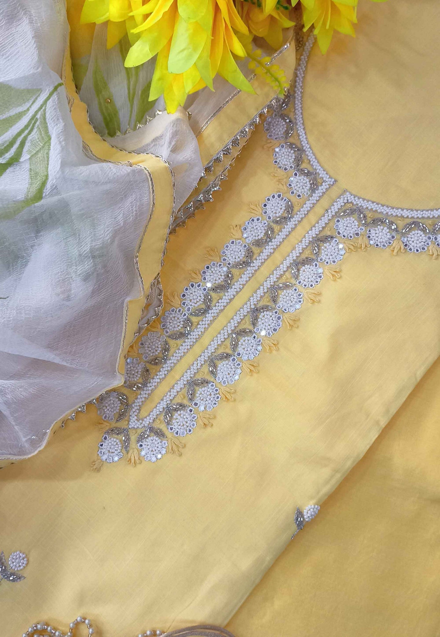 Unstitched Light Yellow Cotton Embroidered Suit