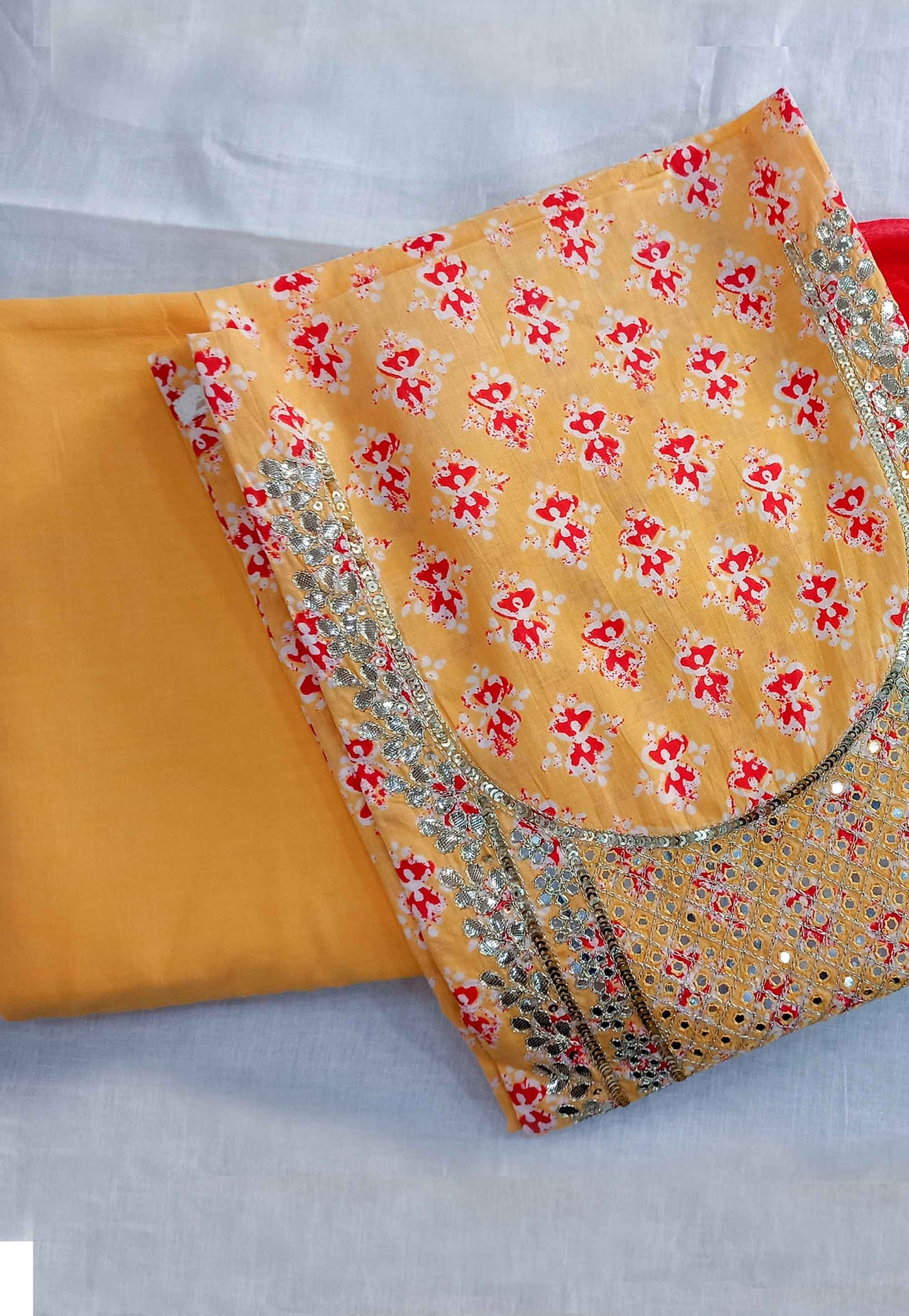 Unstitched Yellow Cotton Embroidered Suit
