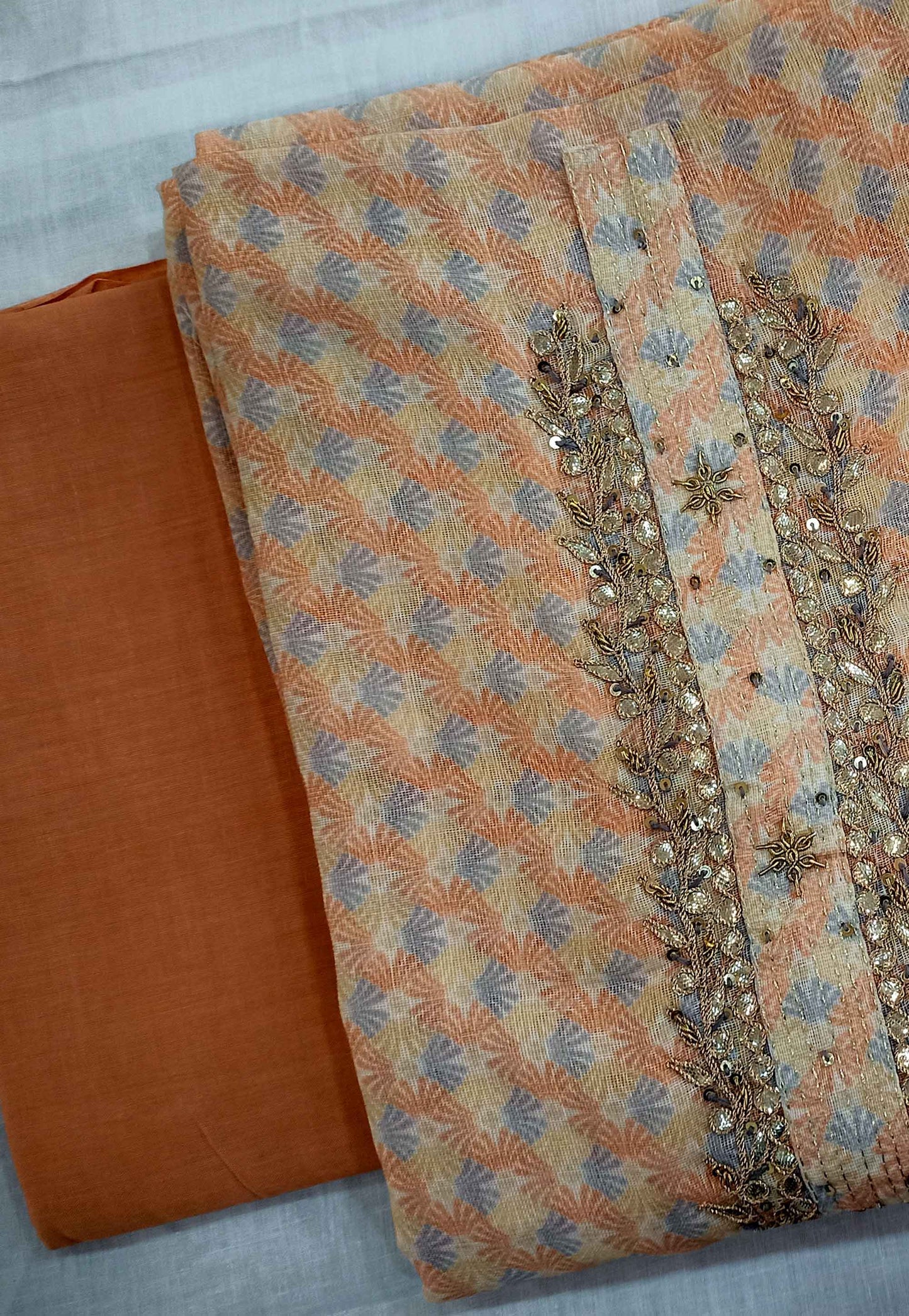 Unstitched Light Brown Cotton Embroidered Suit
