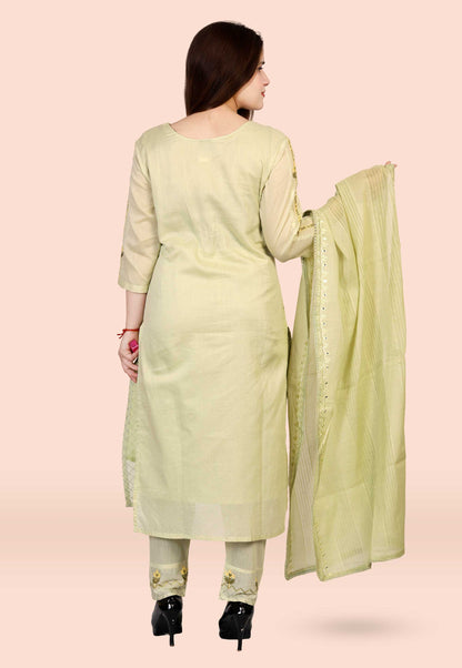 Embroidered Cotton Suit Set in Light Green