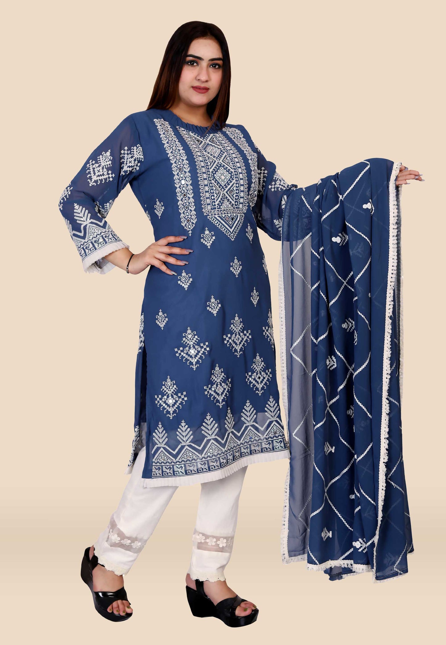 Embroidered Georgette Suit in Midnight Blue