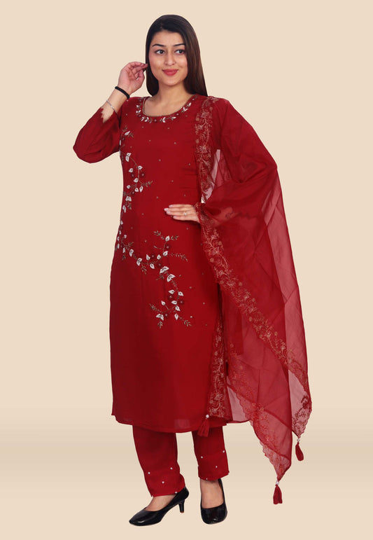Hand Embroidered Cotton Silk Suit Set in Red