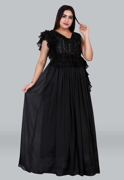 Hand Embroidered Black Chiffon Gown