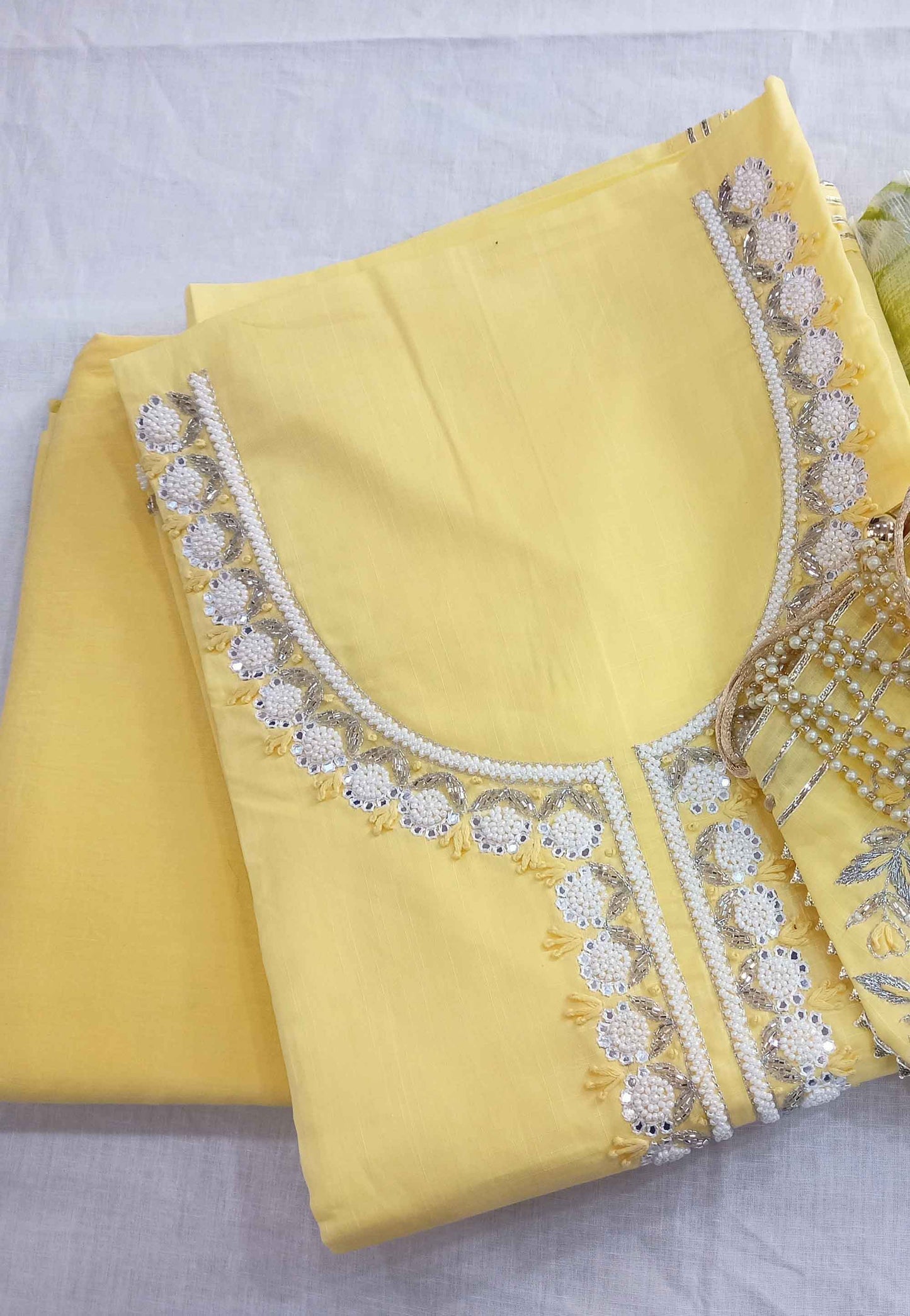 Unstitched Light Yellow Cotton Embroidered Suit