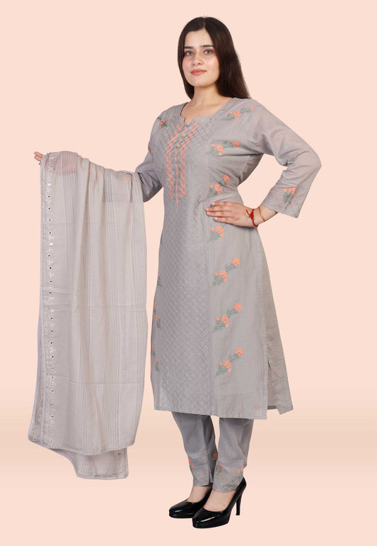 Embroidered Cotton Suit Set in Grey