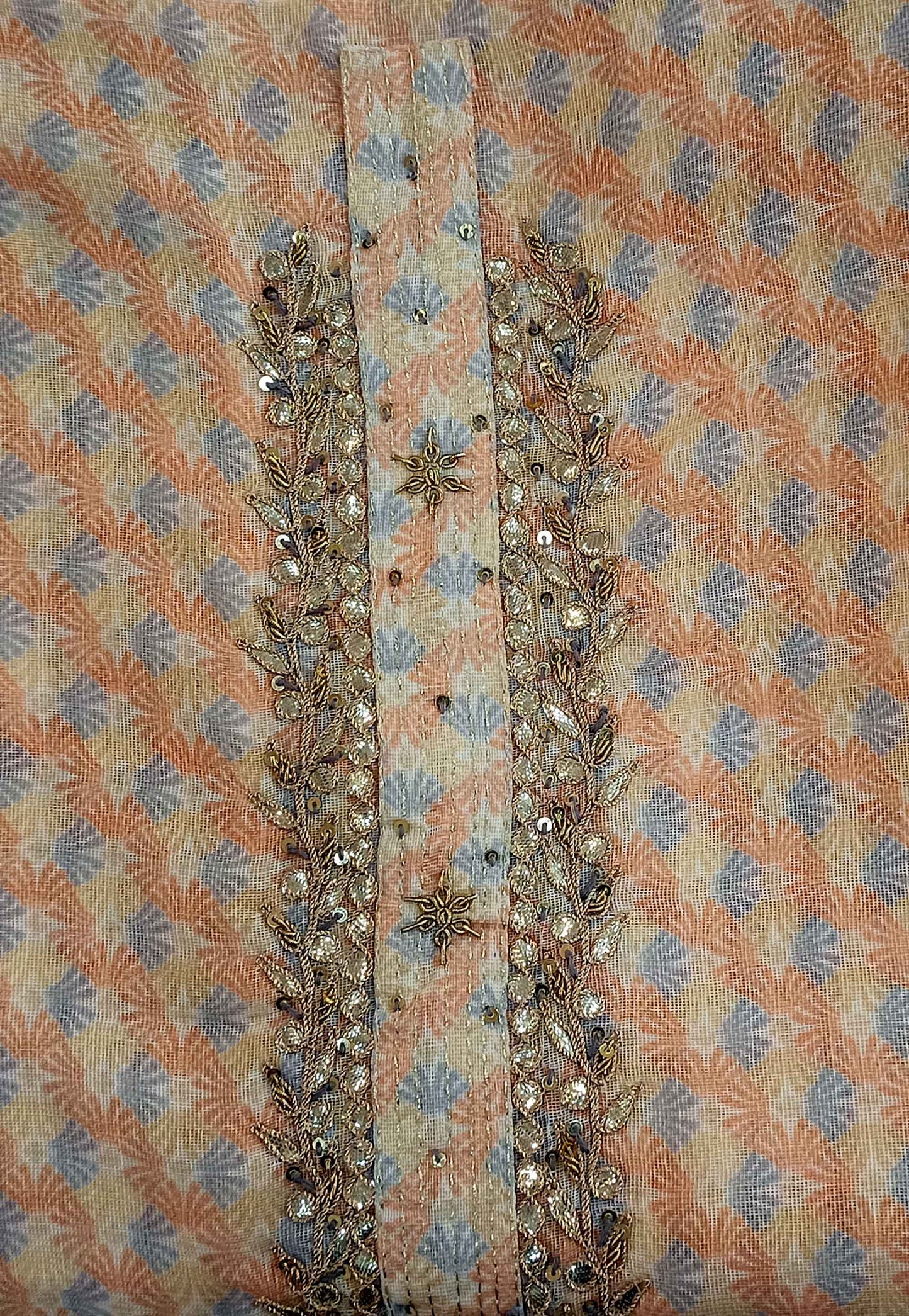 Unstitched Light Brown Cotton Embroidered Suit