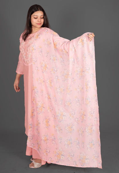 Hand Embroidered Muslin Sharara Suit Set with Printed Dupatta in Pink