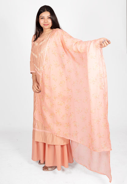 Hand Embroidered Muslin Sharara Suit Set With Printed Dupatta in Peach