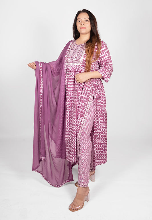 Embroidered Cotton Nayra Cut Suit Set in Purple