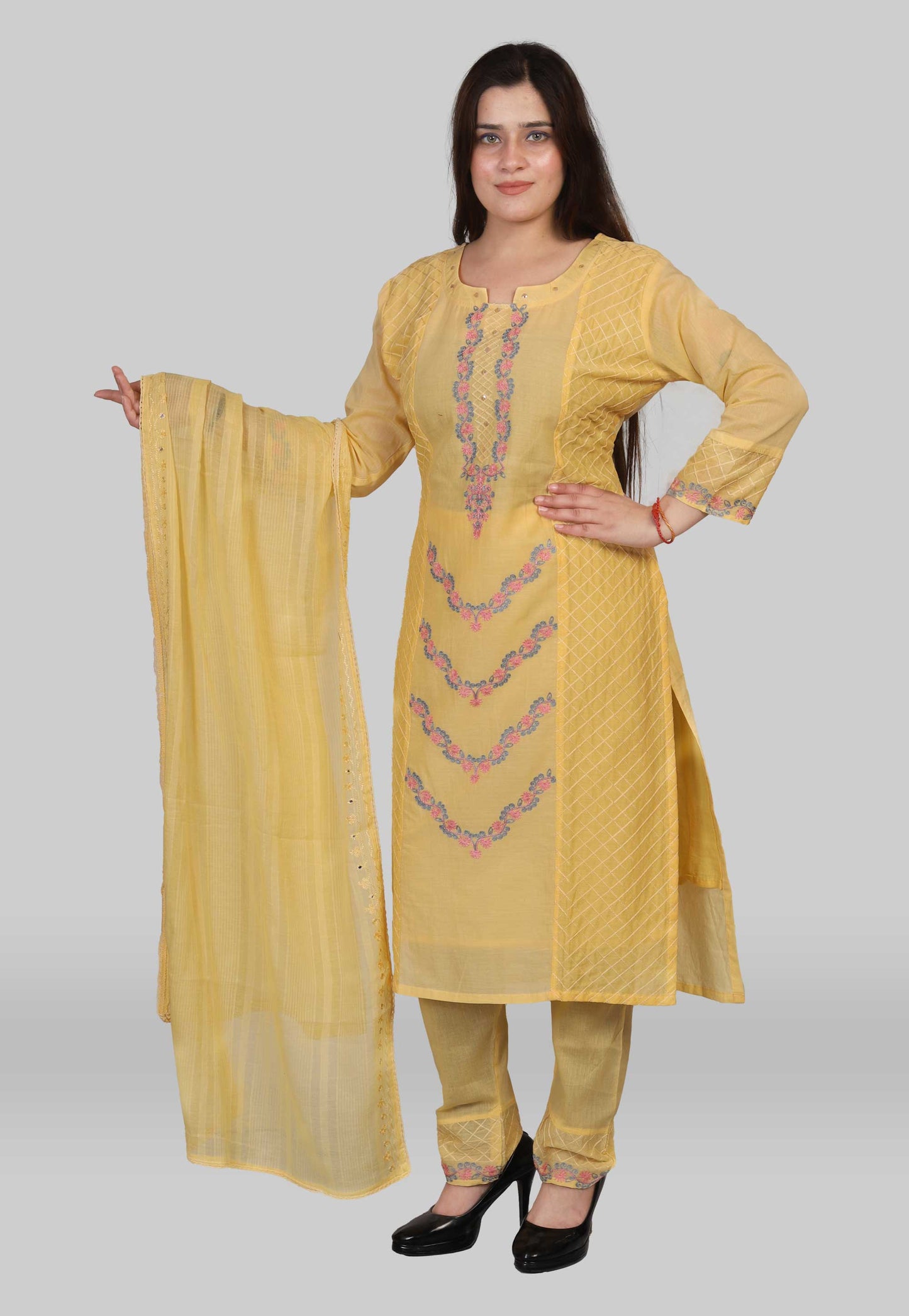Embroidered Cotton Suit Set in Yellow