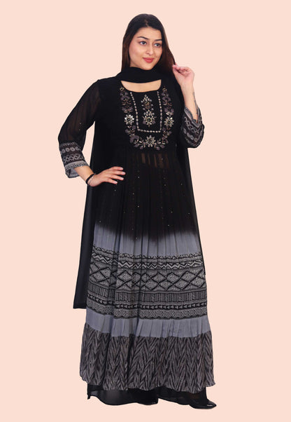 Hand Embroidered Georgette Palazzo Suit Set in Black