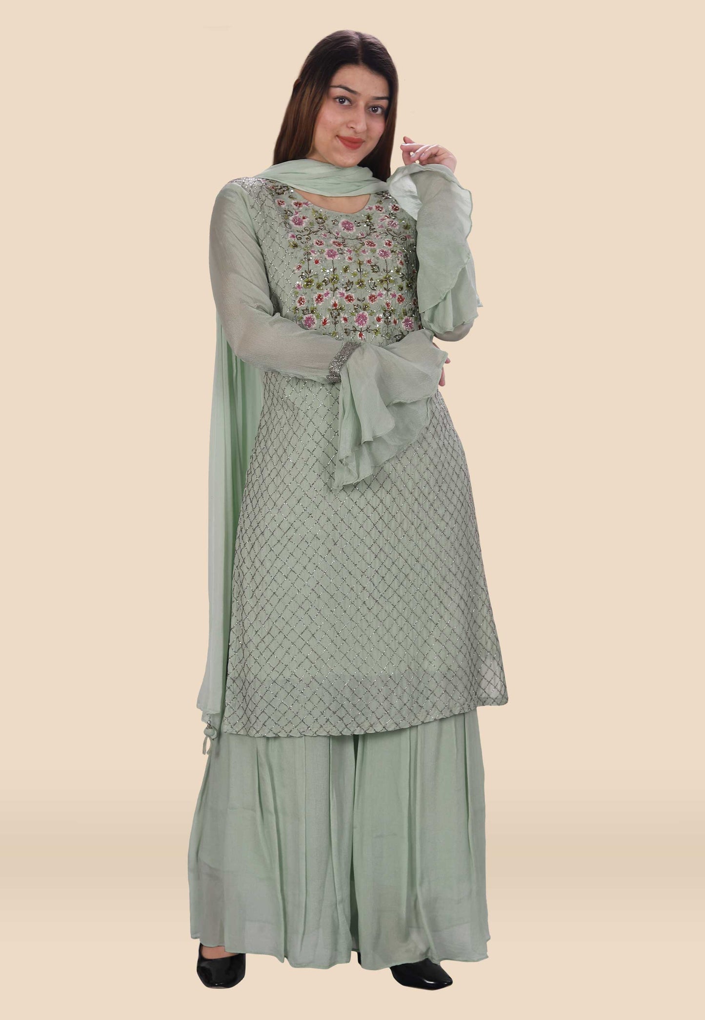 Embroidered Chinon Chiffon Sharara Suit in Light Green