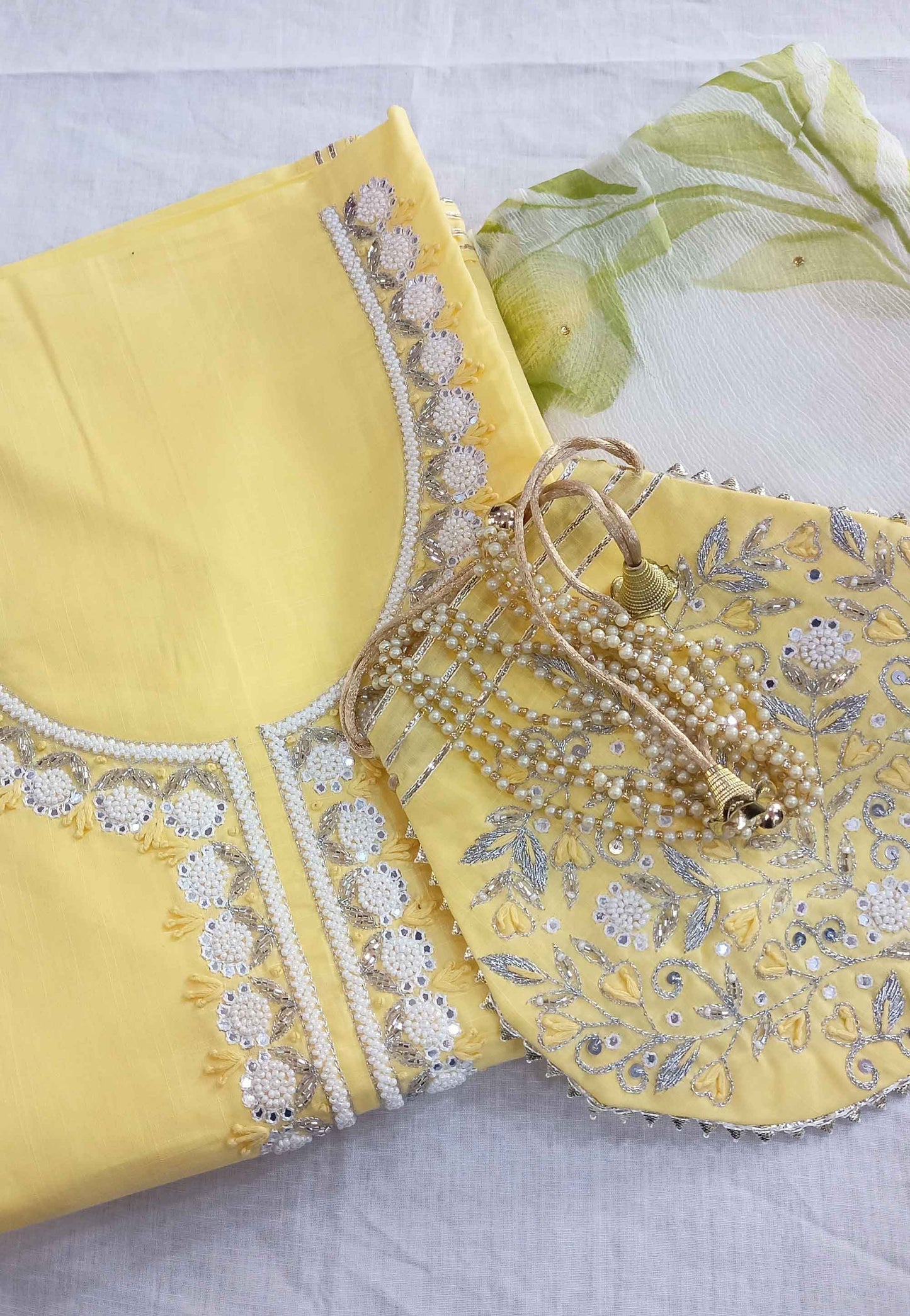 Unstitched Light Yellow Cotton Embroidered Suit