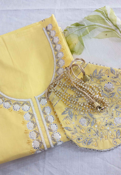 Unstitched Light Yellow Cotton Embroidered Suit