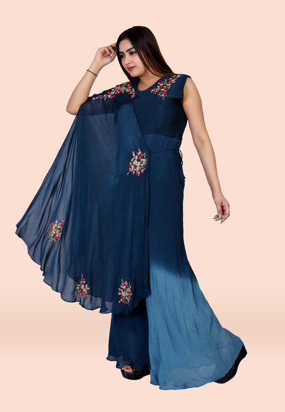 Embroidered Chiffon Jumpsuit in Midnight Blue