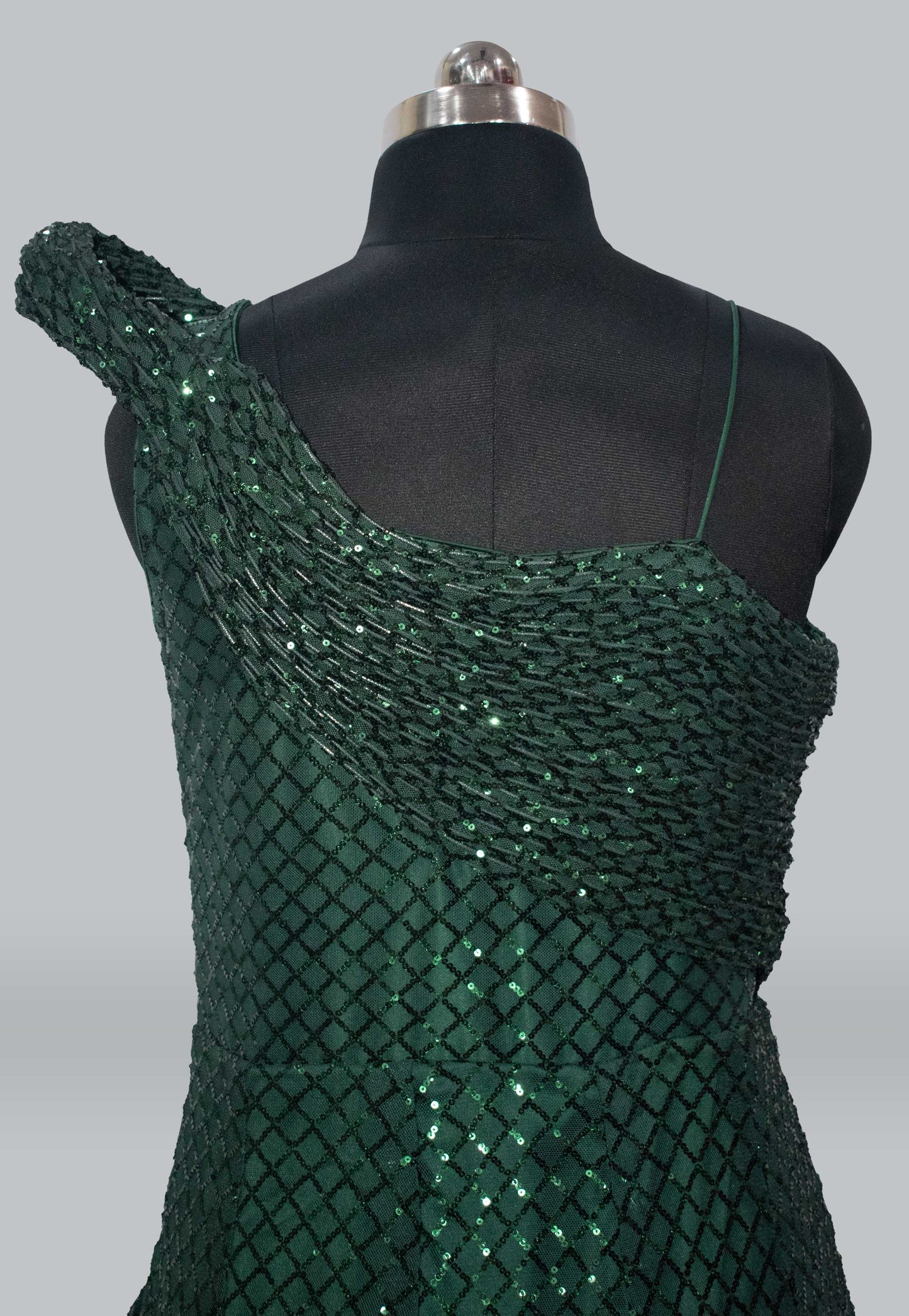 Embroidered Net Flared Gown in Dark Green