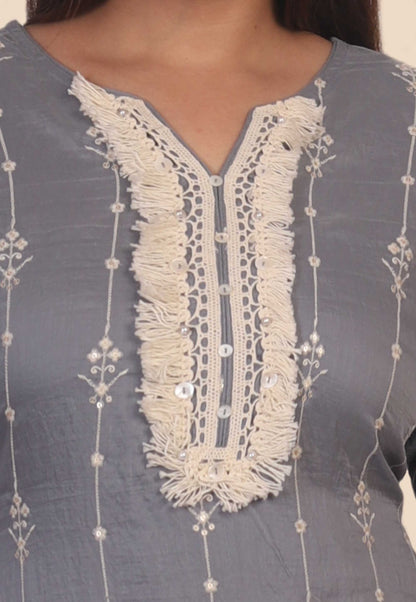 Embroidered Cotton Kurta Set in Grey