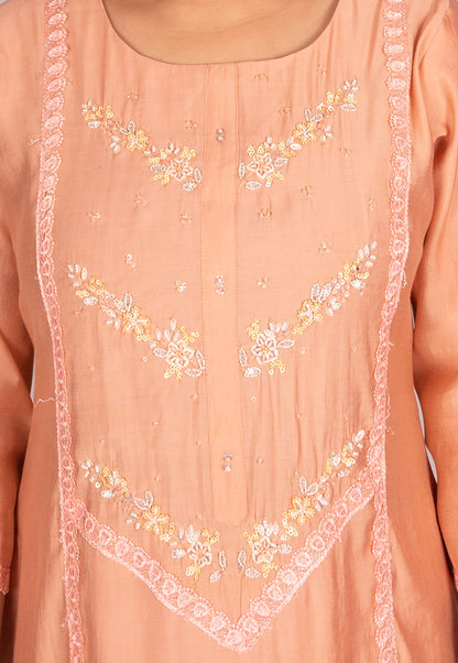 Hand Embroidered Muslin Sharara Suit Set With Printed Dupatta in Peach