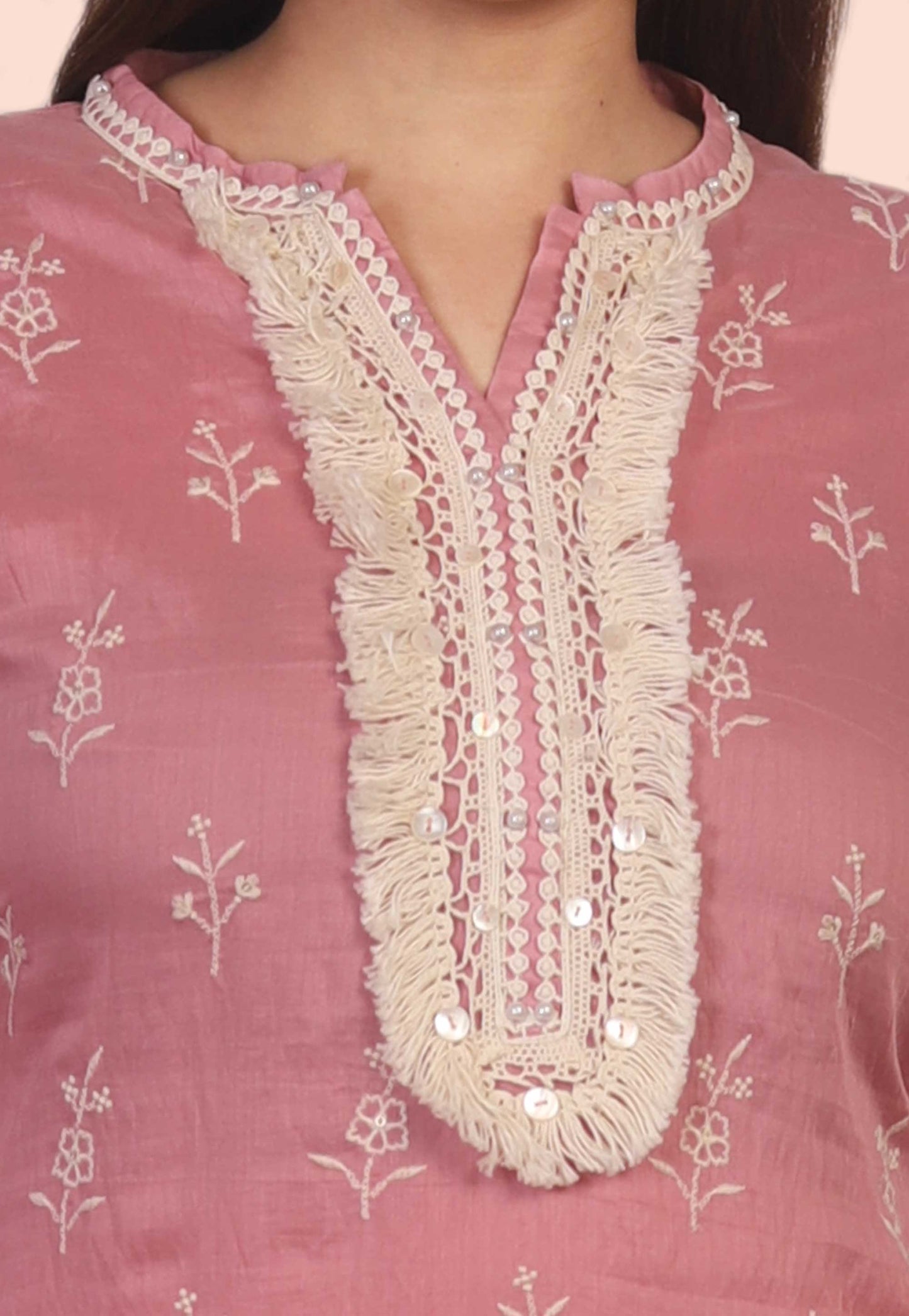 Embroidered Cotton Kurta Set in Pink