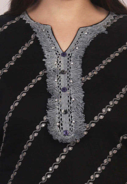 Embroidered Cotton Kurta Set in Black