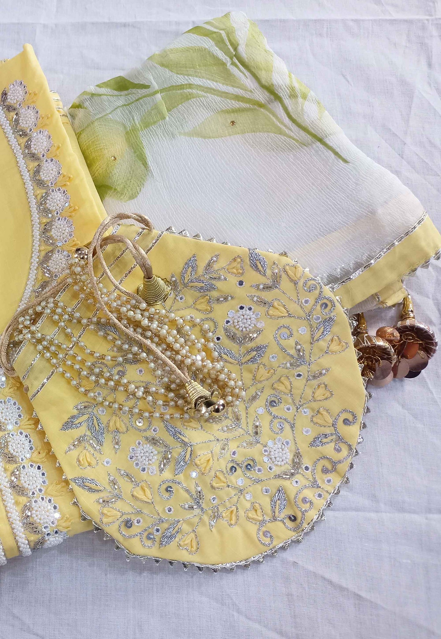 Unstitched Light Yellow Cotton Embroidered Suit