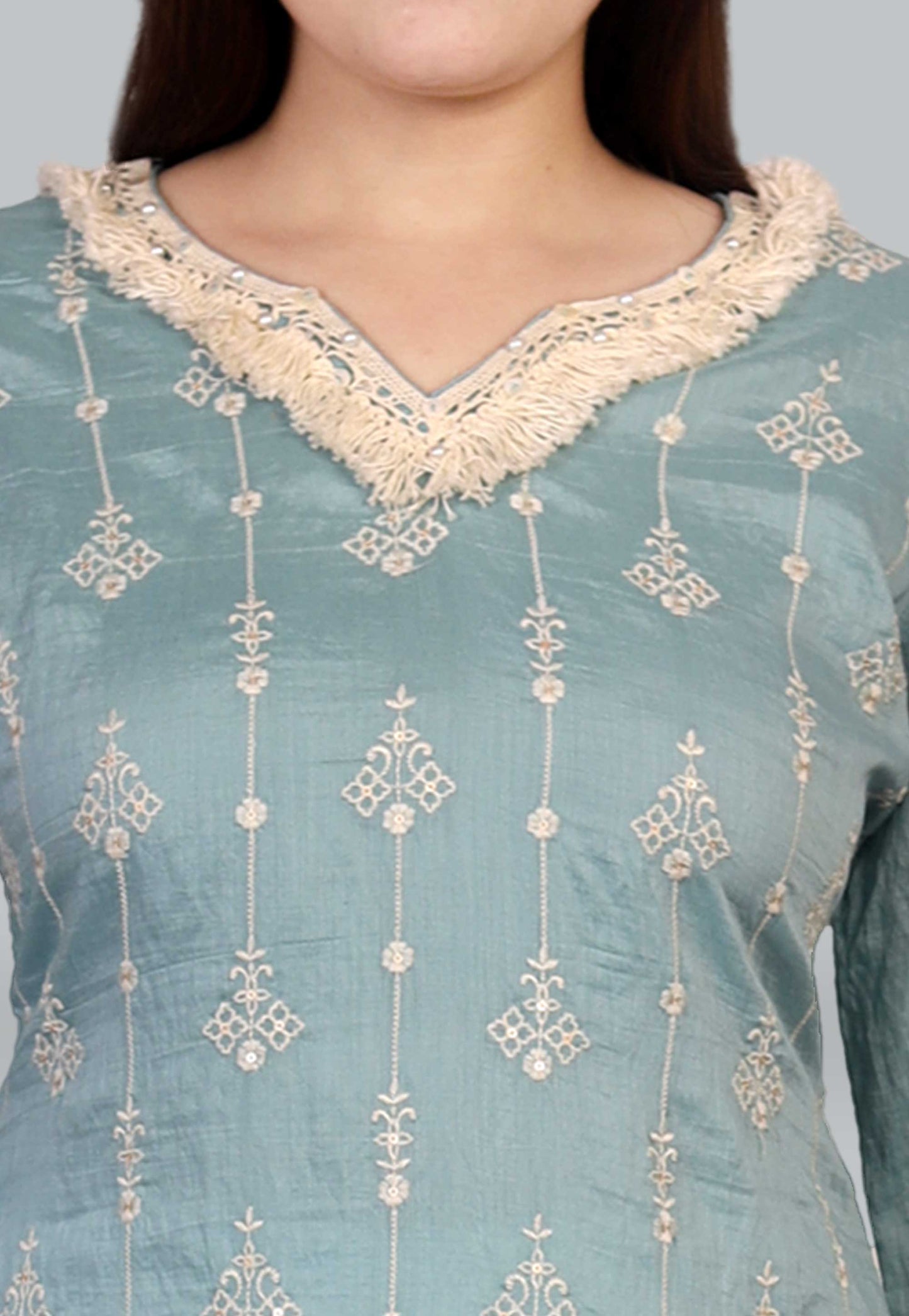 Embroidered Cotton Kurta Set in Sky Blue