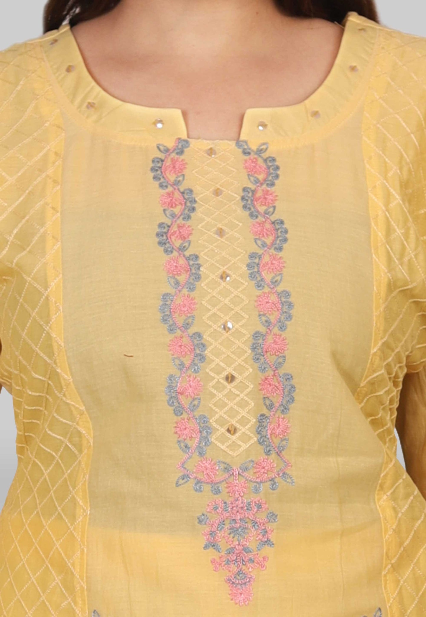 Embroidered Cotton Suit Set in Yellow